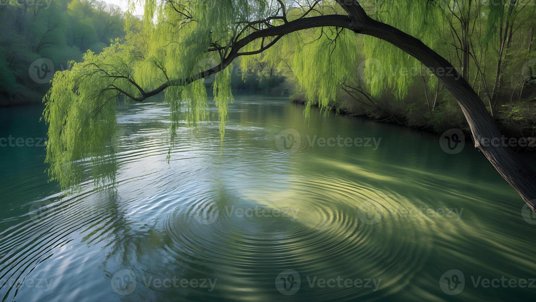 Willow Tree Overhanging Serene River with Ripples and Green Reflections photo