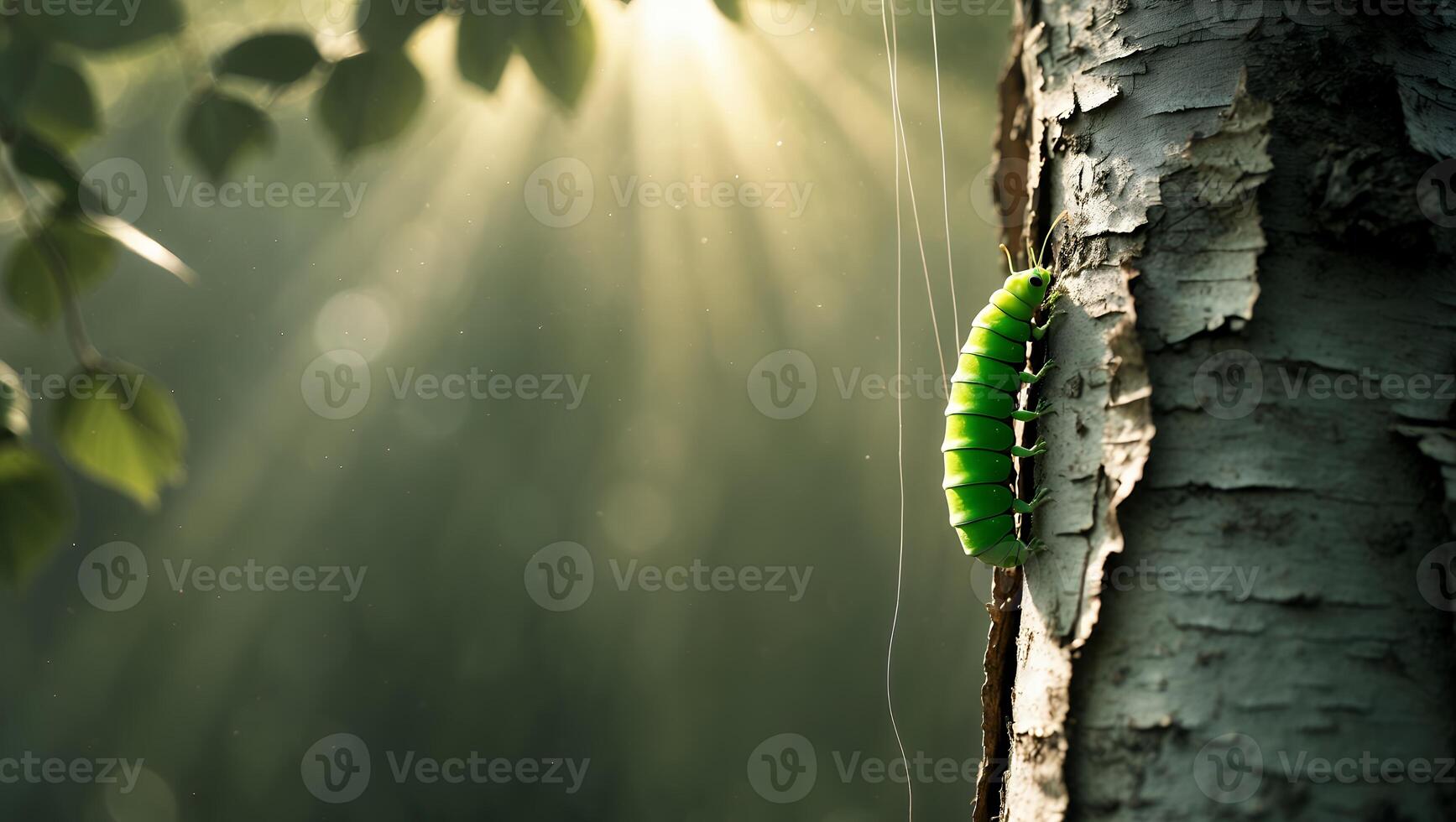 Caterpillar Climbing on Tree Bark with Sun Rays Streaming Through Leaves photo