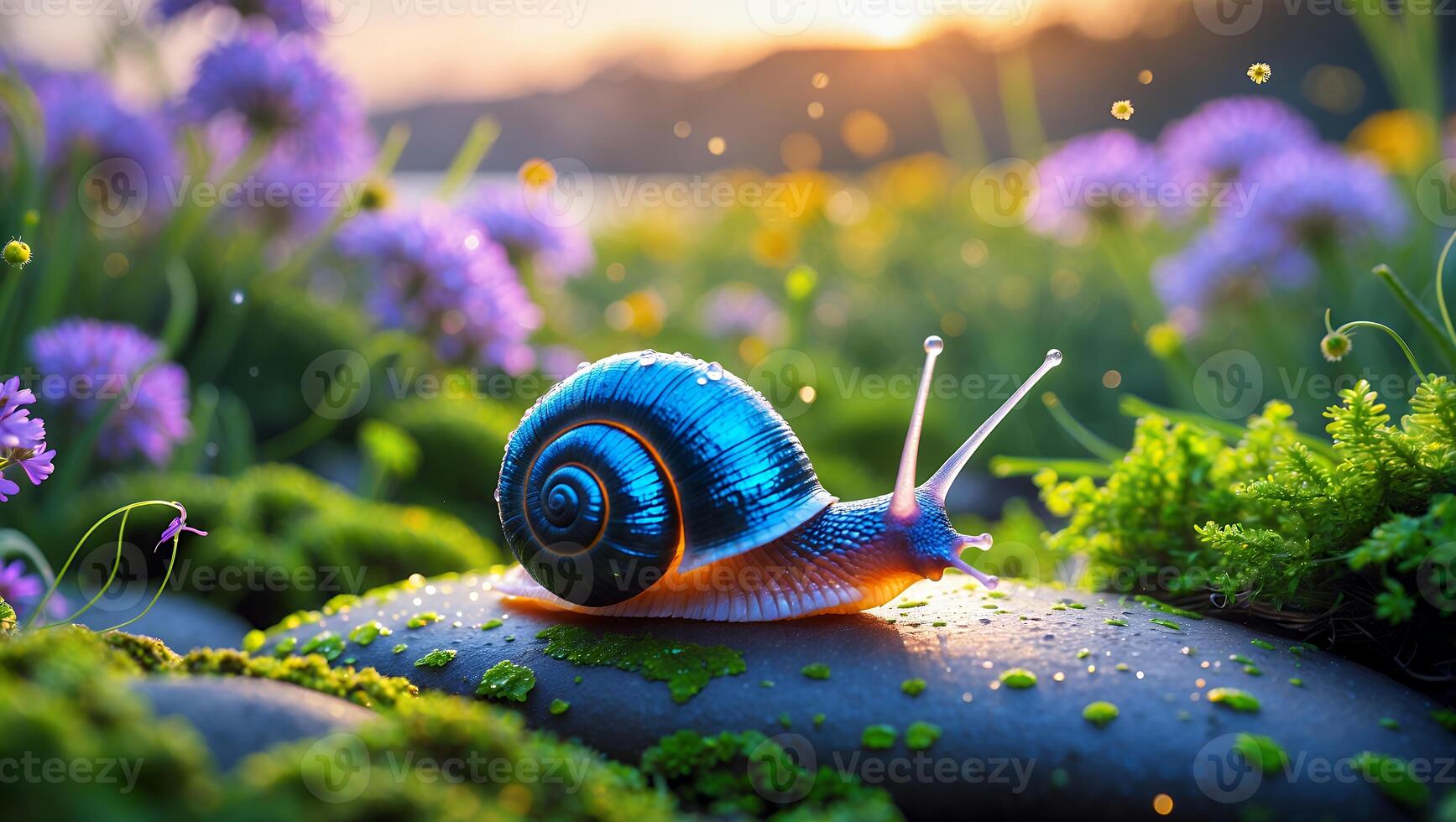Snail Crawling on Stone Among Wildflowers in a Field During Sunset photo