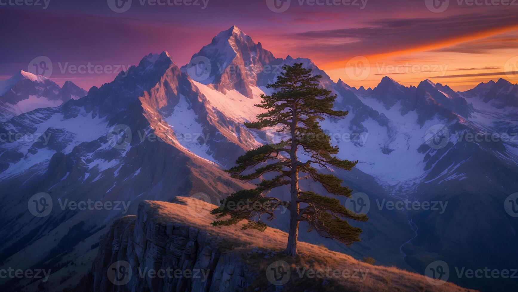Lone Tree Stands Tall Against Majestic Snowy Mountains at Sunset photo
