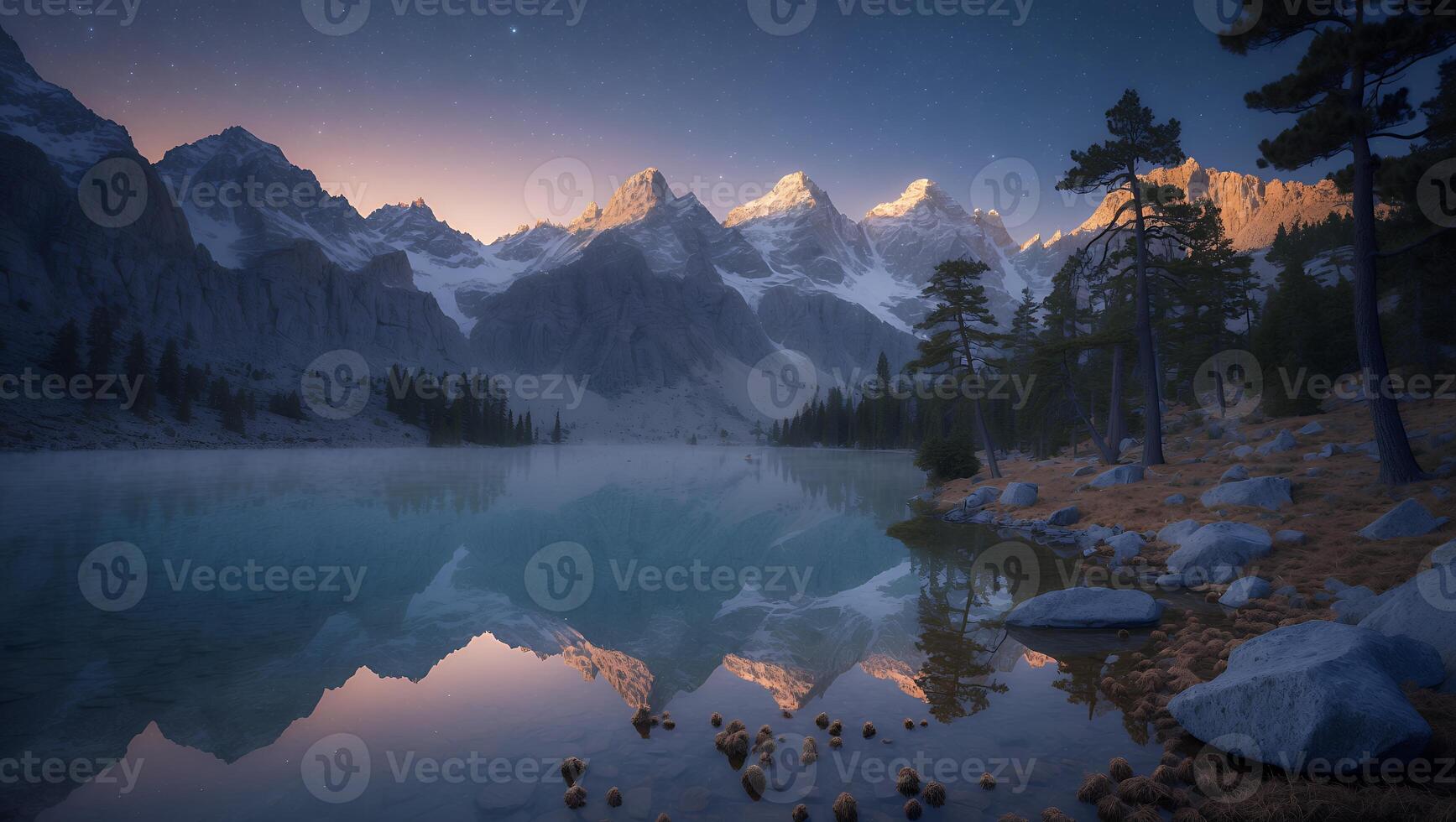 Serene Mountain Lake Reflection with Snowy Peaks at Dusk Scenery photo