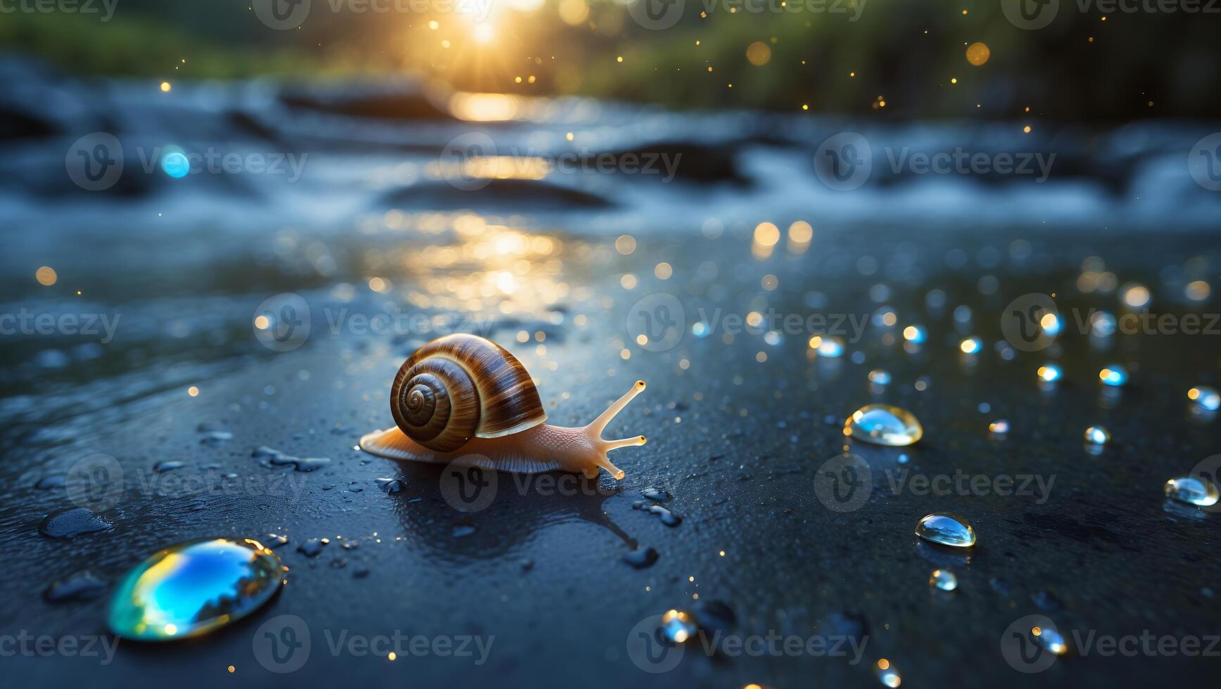 Snail Crawling on Wet Surface with Water Droplets at Sunset photo