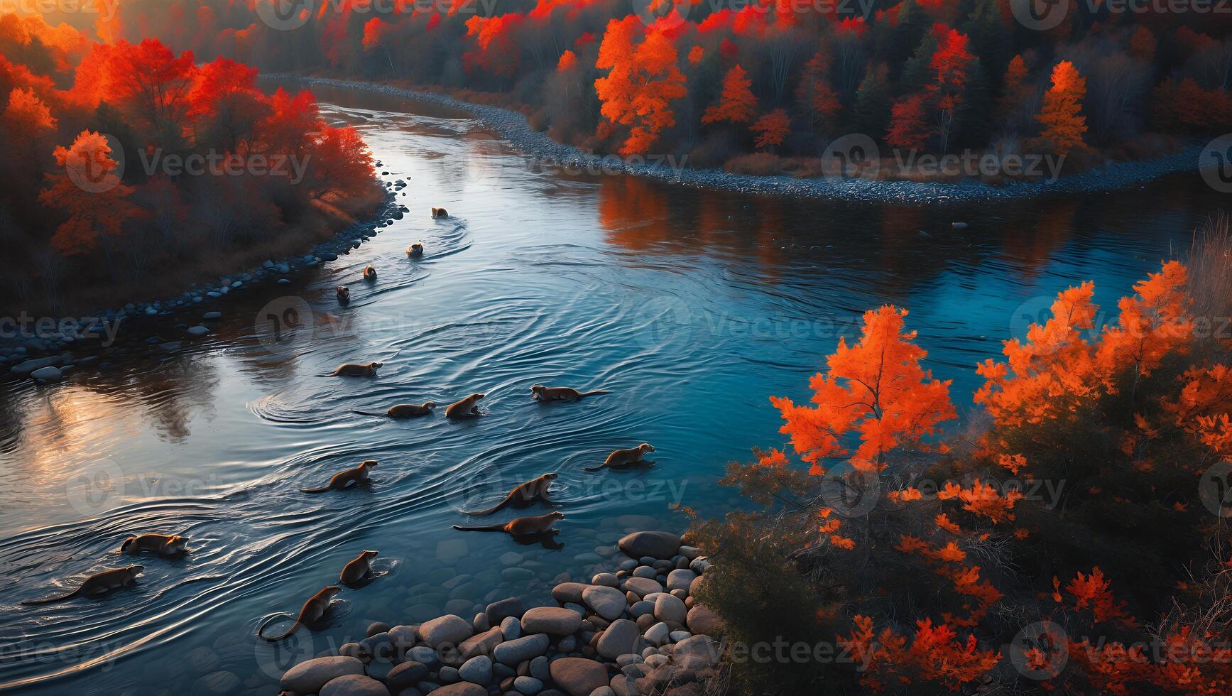 Group of Animals Swimming in River During Autumn with Colorful Trees photo