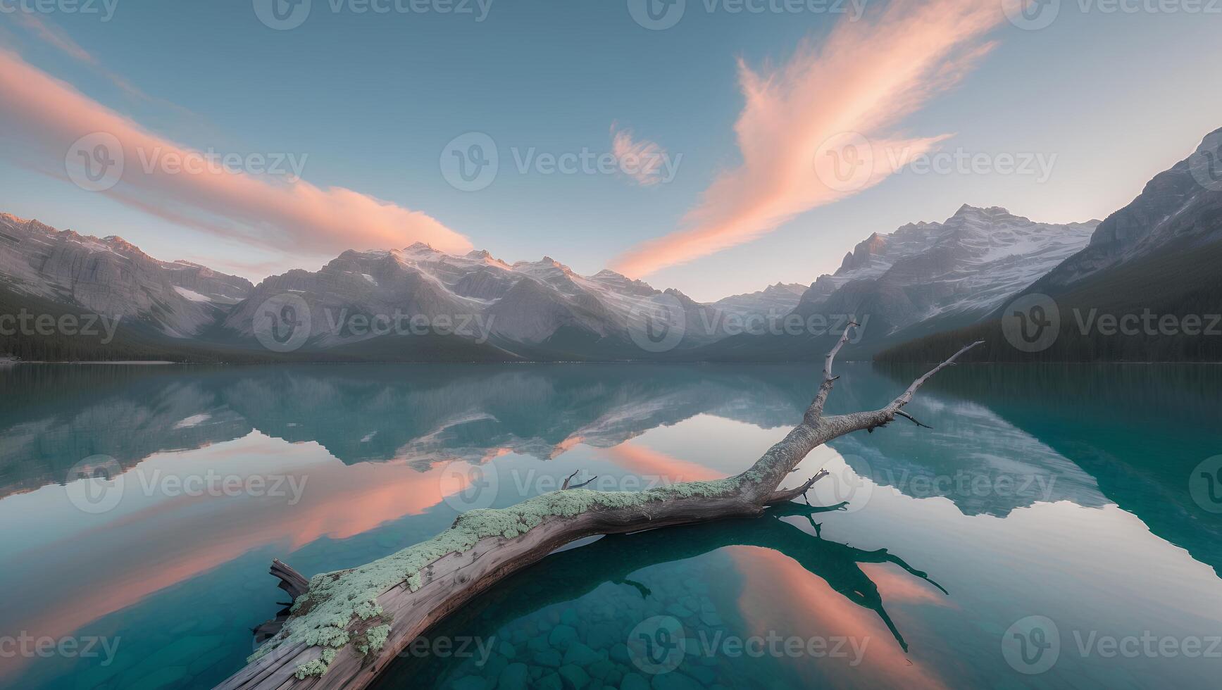 Reflecting Lake with Mountains and Sky at Dawn Calm Waterscape photo