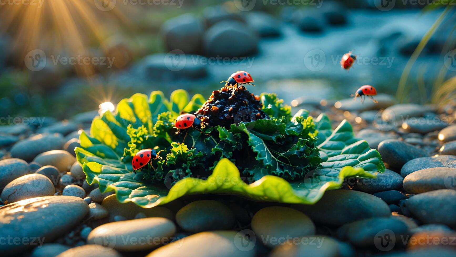 Ladybugs on Kale Leaf with Mound of Compost in Riverbed Setting photo