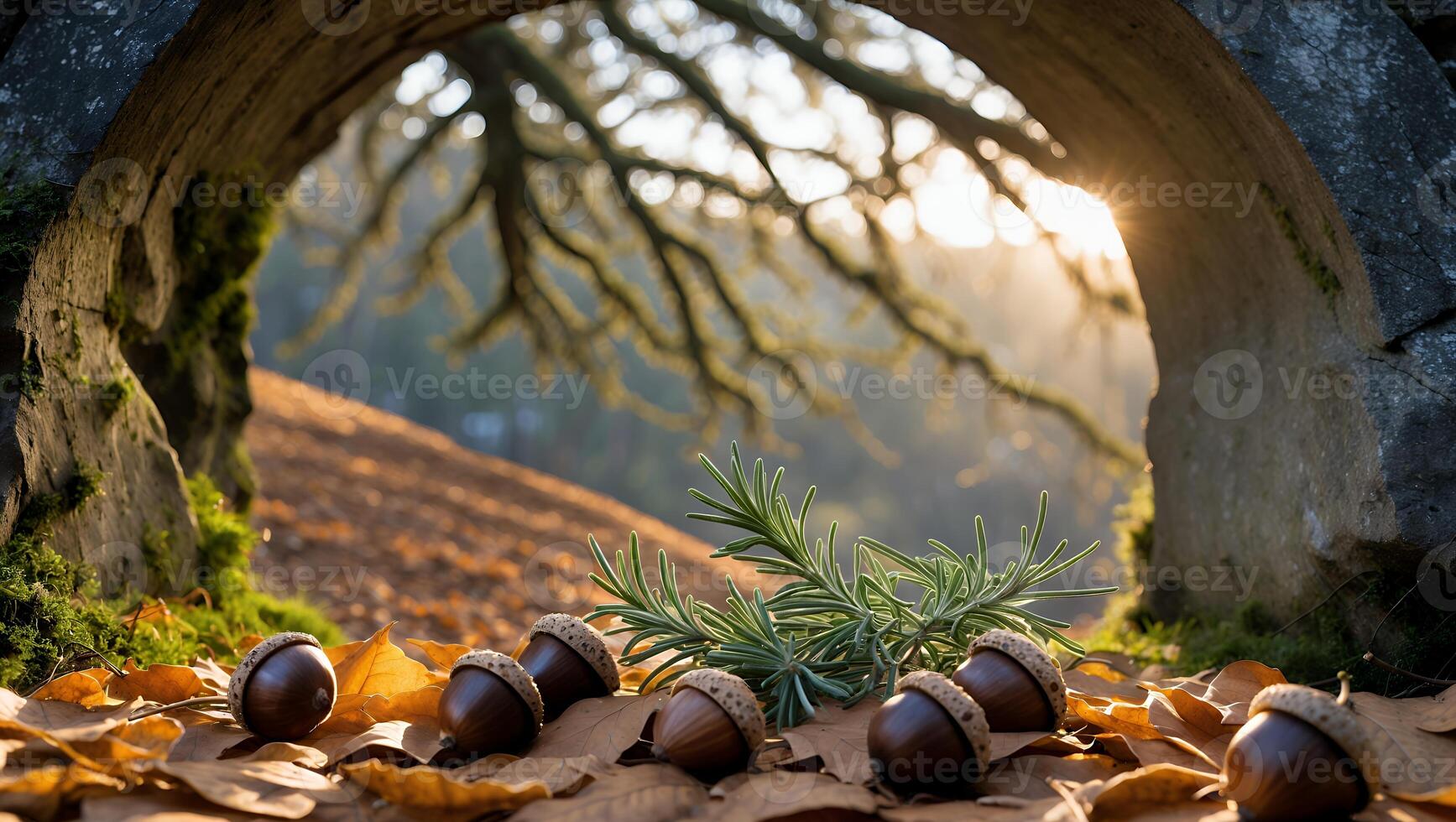 Acorns and Autumn Leaves in Forest with Sunlight and Stone Arch photo