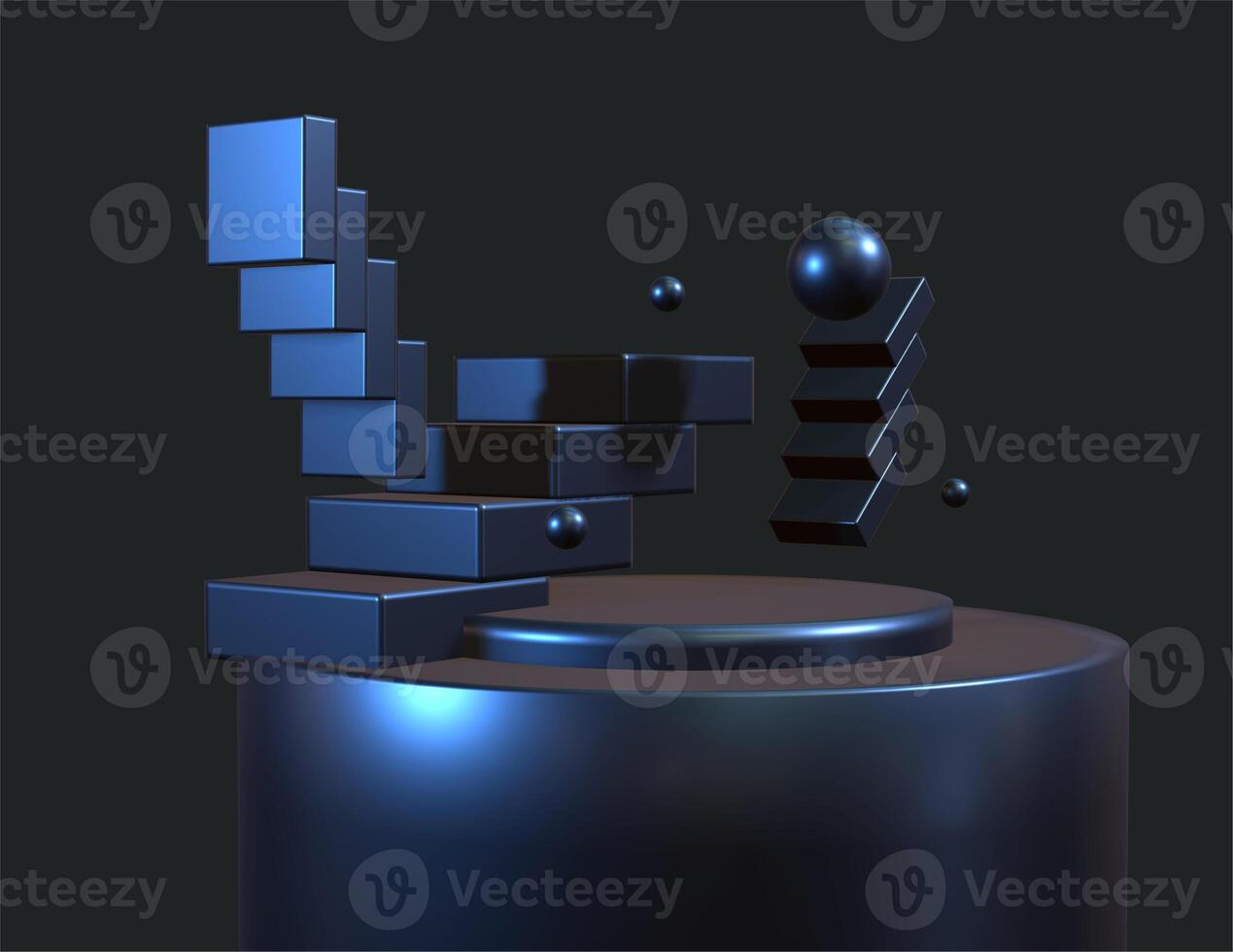 Abstract Blue Podium with 3D Elements and Floating Stairs photo