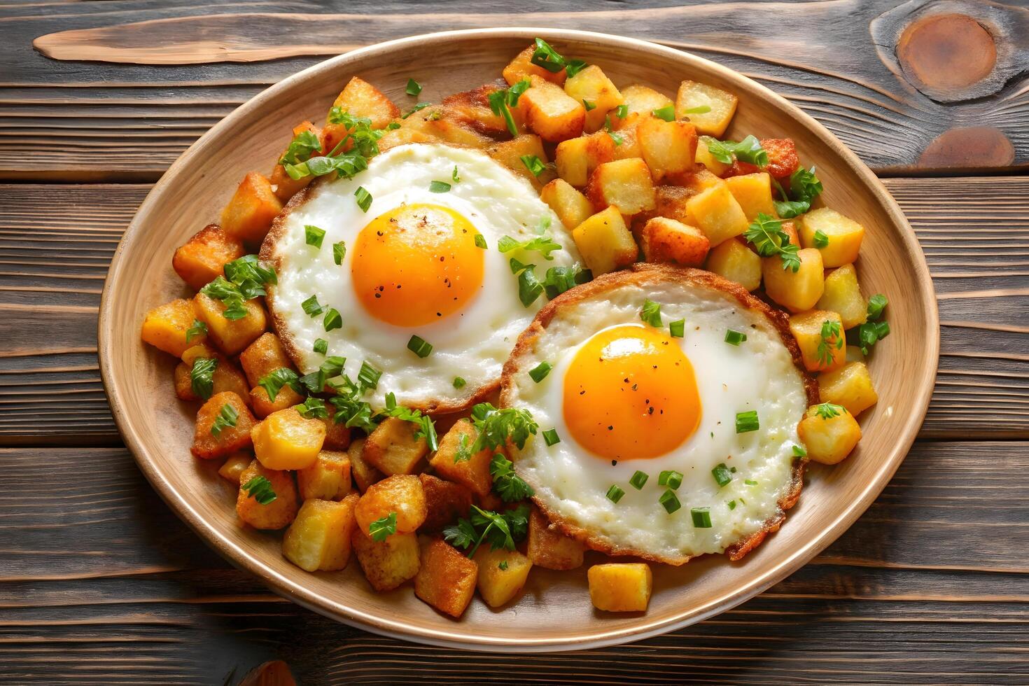 Delicious Fried Eggs with Crispy Potatoes on a Wooden Table photo