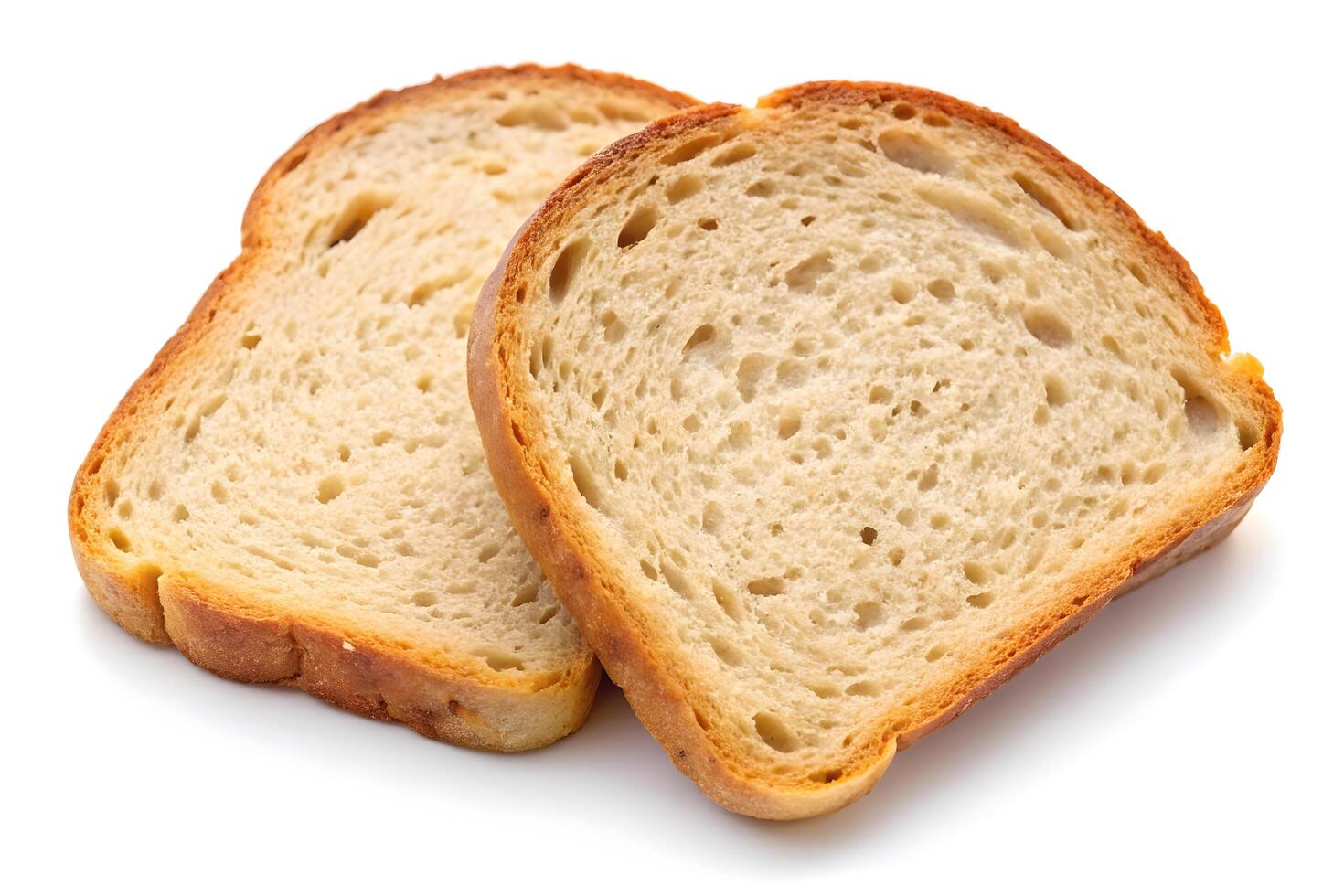 Two slices of golden brown bread on a white background. photo