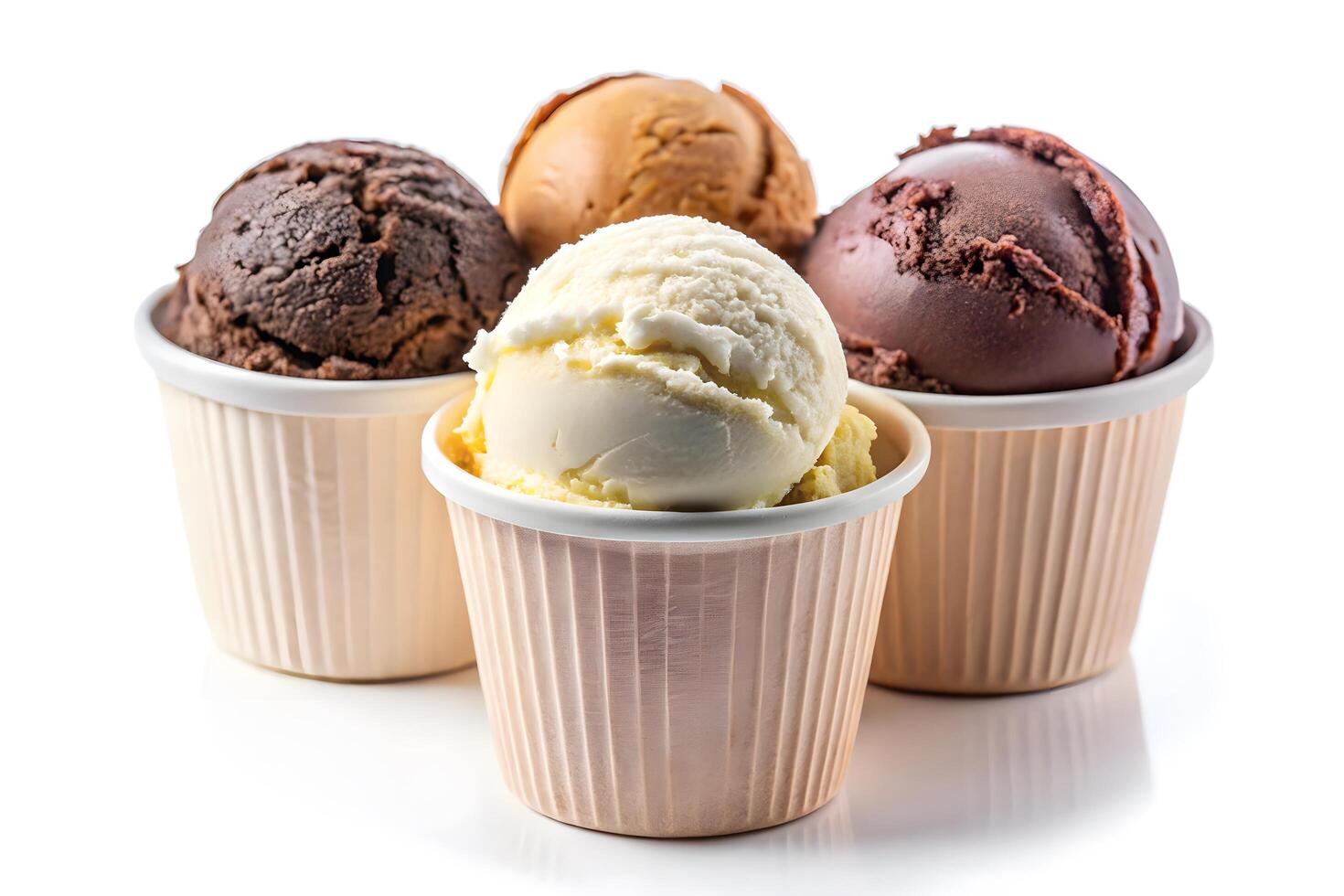 Delicious scoops of chocolate, vanilla, and caramel ice cream in paper cups. photo