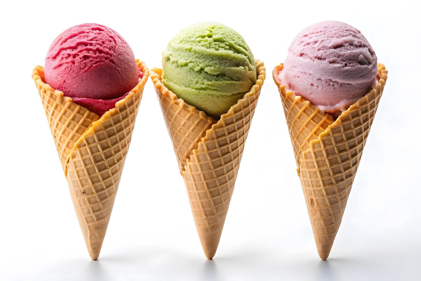 Three colorful ice cream cones showcasing delicious flavors. photo