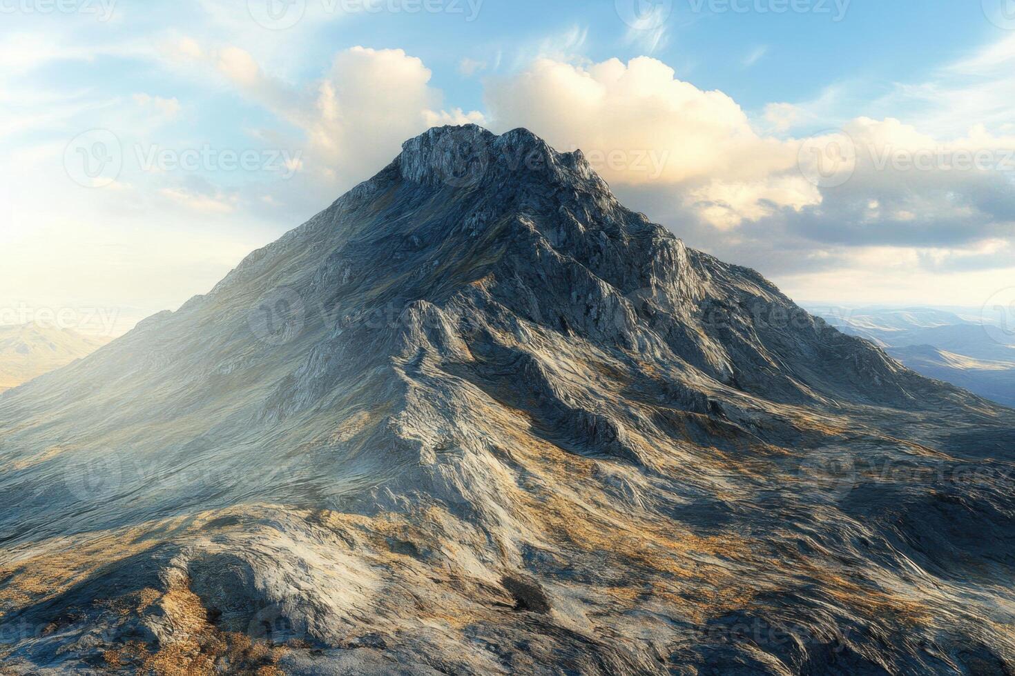Mountain landscape with rocky terrain and dramatic clouds in the photo
