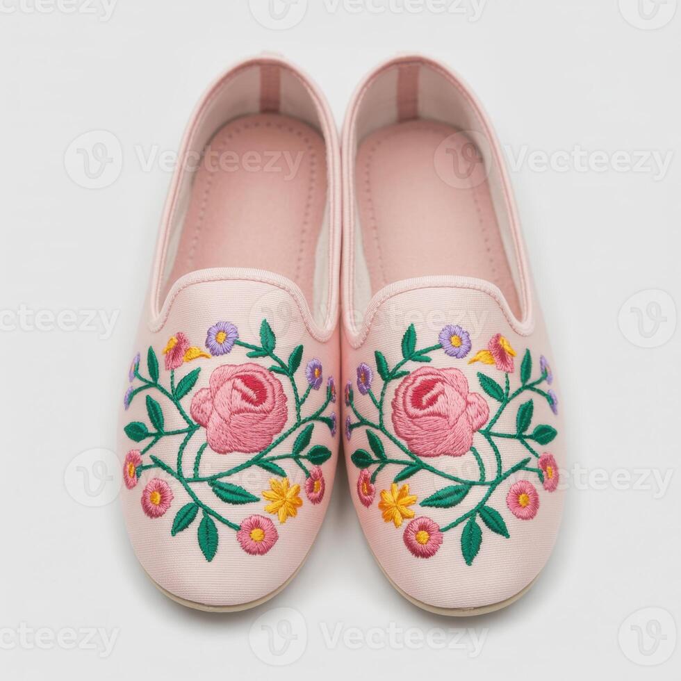 Elegant Pink Slip-On Shoes with Floral Embroidery photo