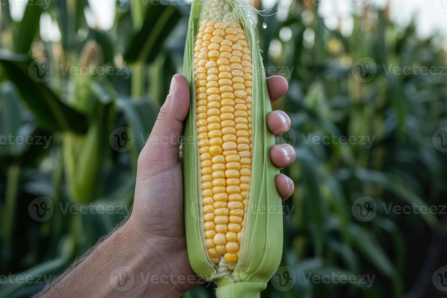 Hand Holding Freshly Harvested Sweet Corn Cob In A Lush Green Field photo