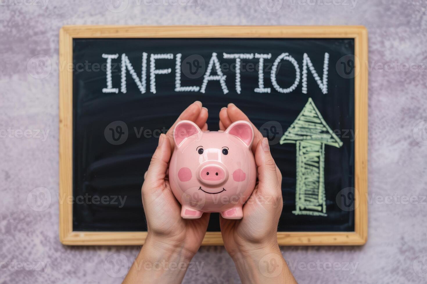 Hands Holding A Pink Piggy Bank In Front Of A Chalkboard With Inflation Text And Arrow photo
