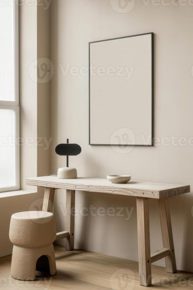 Minimalist Home Design Featuring Wooden Table and Stylish Lamp In Bright Natural Light photo
