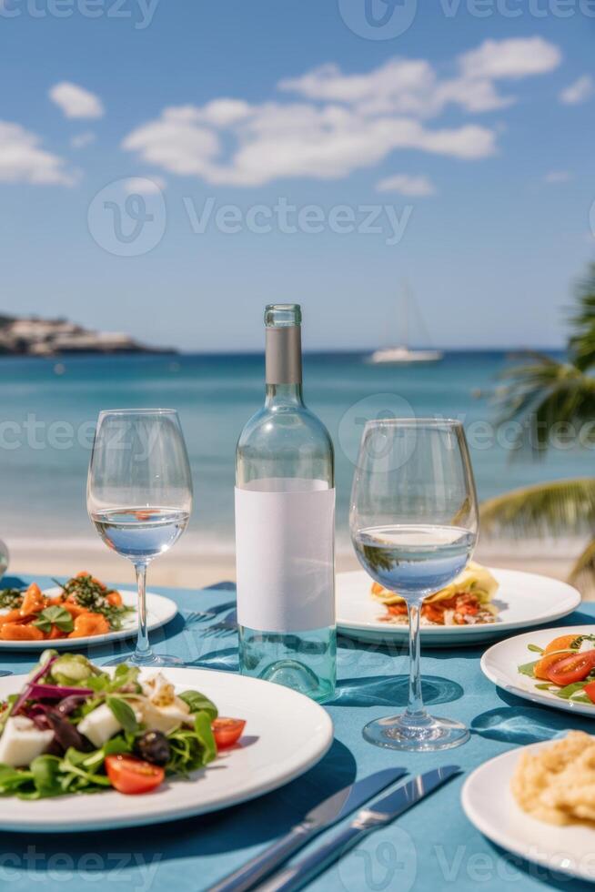 Elegant Beachfront Dinner Setting with Fresh Salads, White Wine Glasses and Scenic Ocean View photo