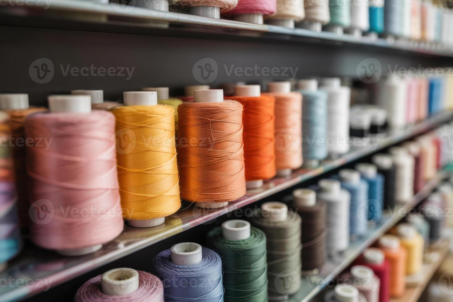 Colorful Thread Spools Arranged on Shelves in a Crafting Studio With Soft Lighting photo