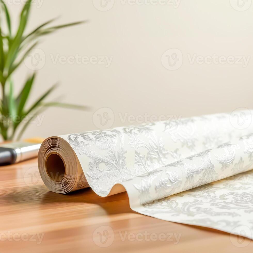 Roll of elegant wallpaper with subtle floral pattern, placed on wooden surface in bright room. Perfect for promoting interior design, home renovation products, or premium wall coverings. Square format photo