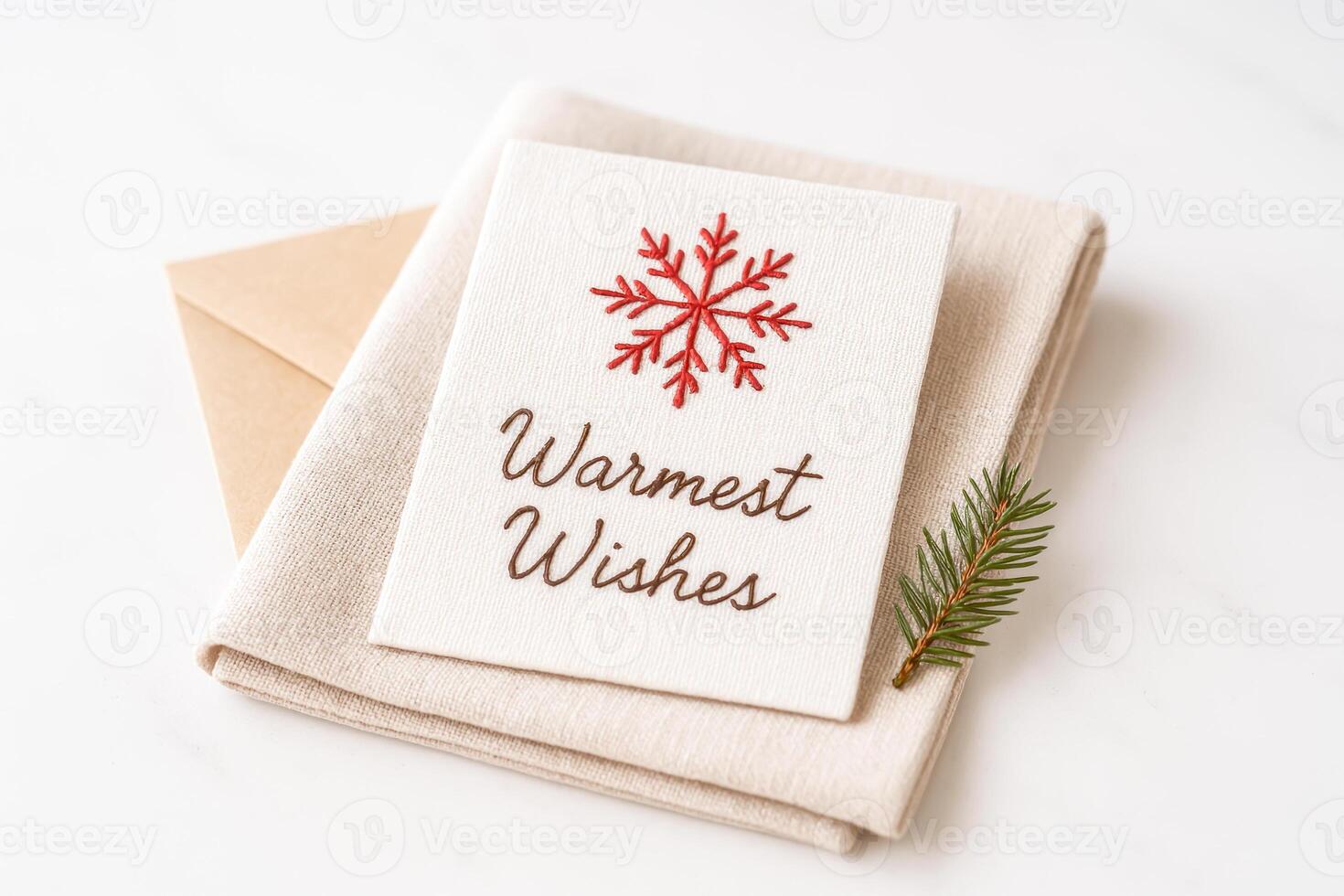 DIY Christmas Card with Embroidery Red Snowflake on Linen Fabric photo