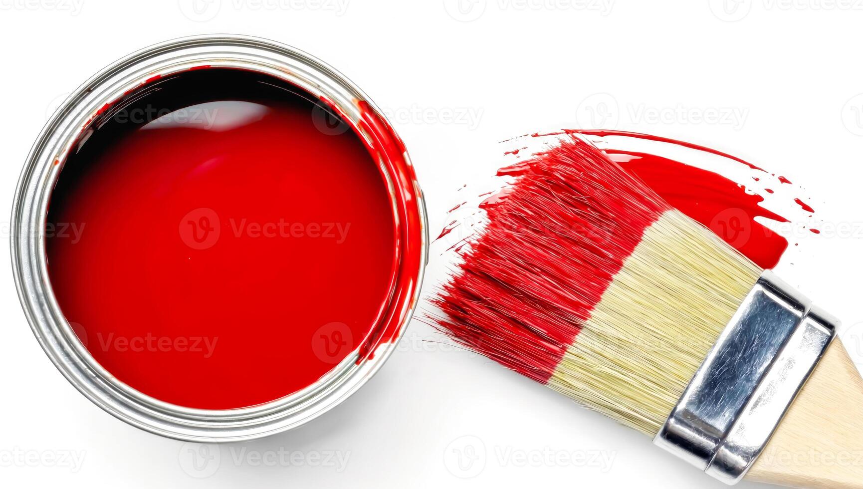 Paintbrush dipped in red paint near open can on white background. Perfect for interior design, DIY projects, color trends, painting services and home renovation branding. Flat lay photo