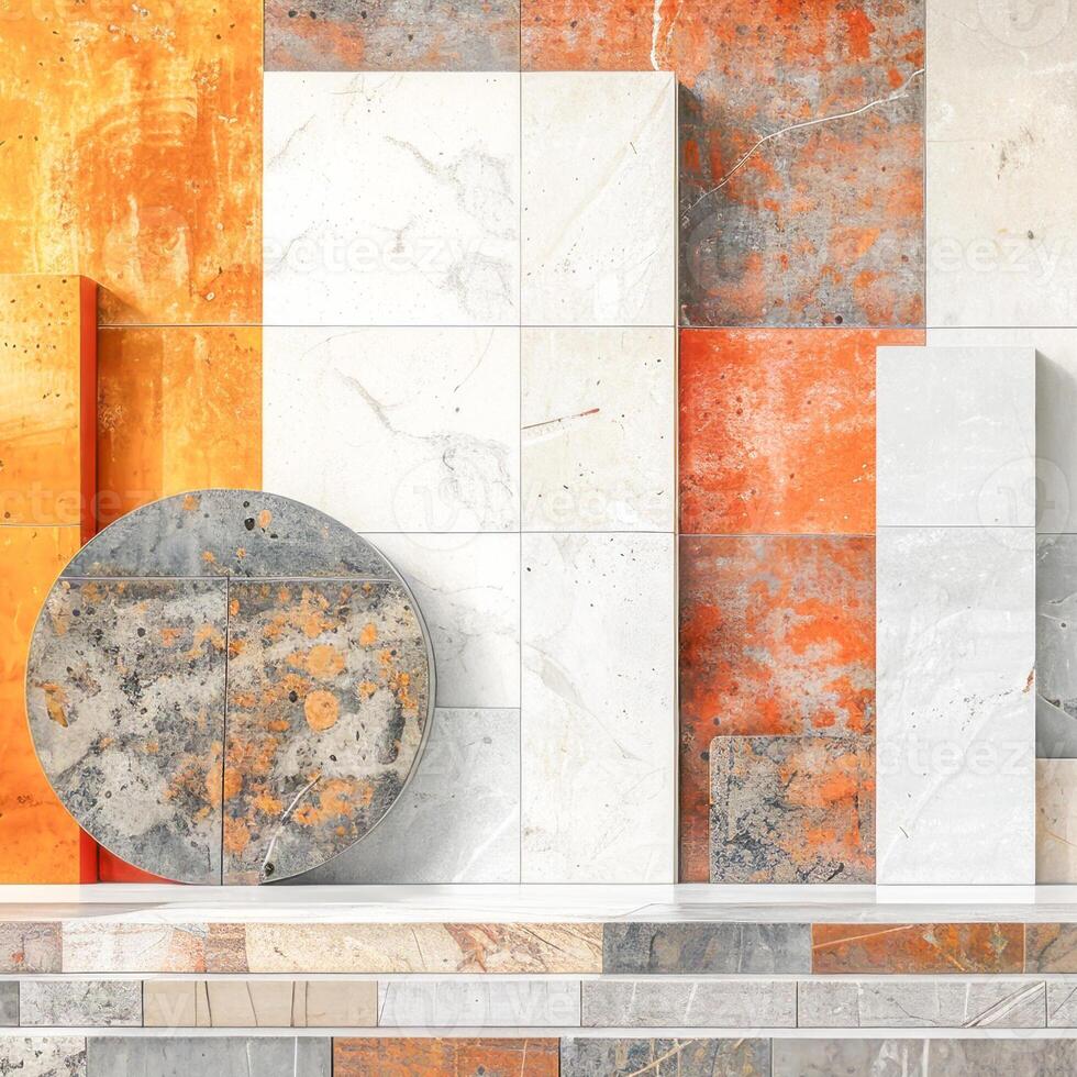 Geometric composition with red, orange, and gray blocks against textured wall photo