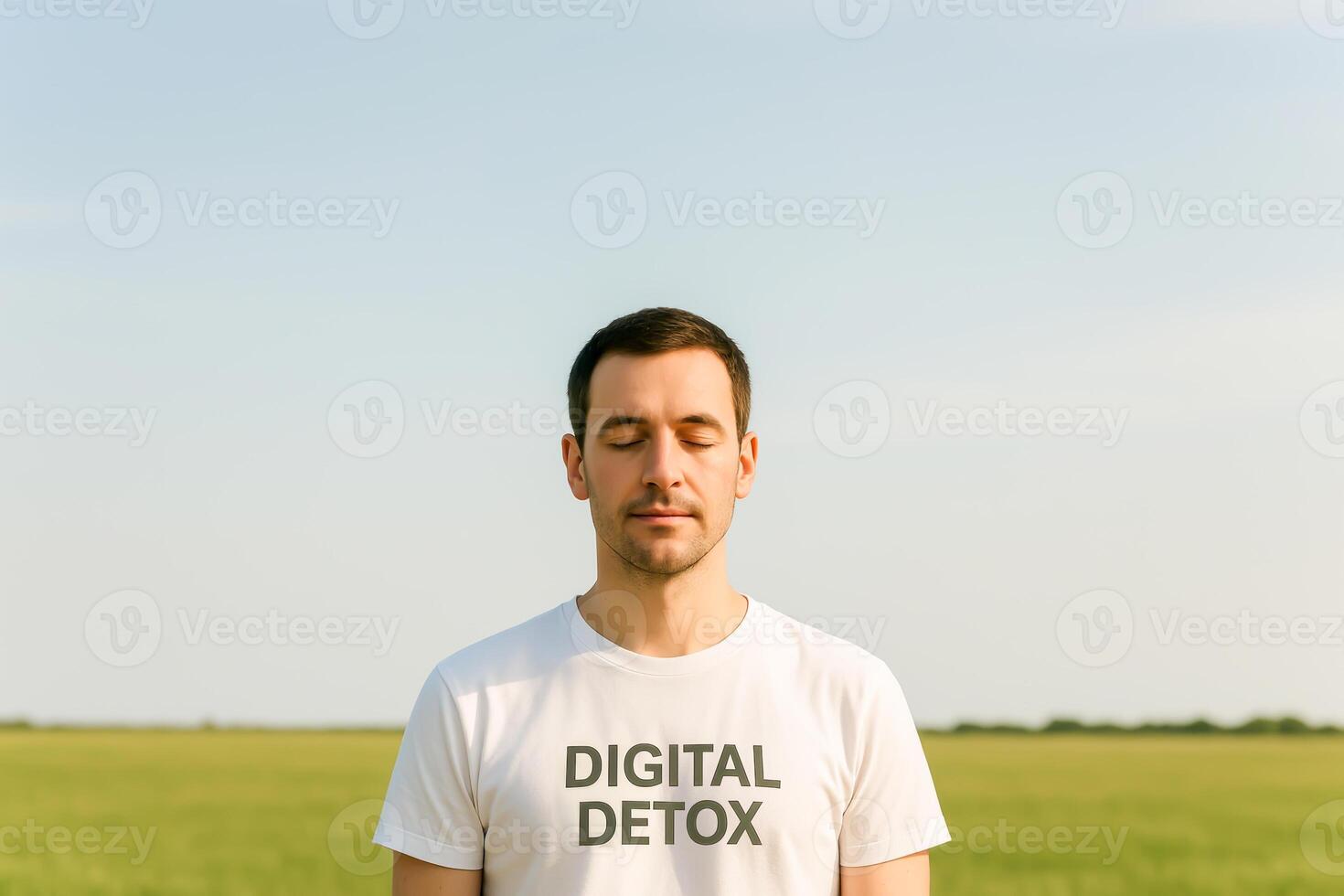 Man In Digital Detox T-Shirt Meditating Outdoors In Open Field. Visual Concept For Mindful Living, Tech-Life Balance, Mental Reset, Slow Lifestyle Movement, And Digital Wellbeing Trends photo