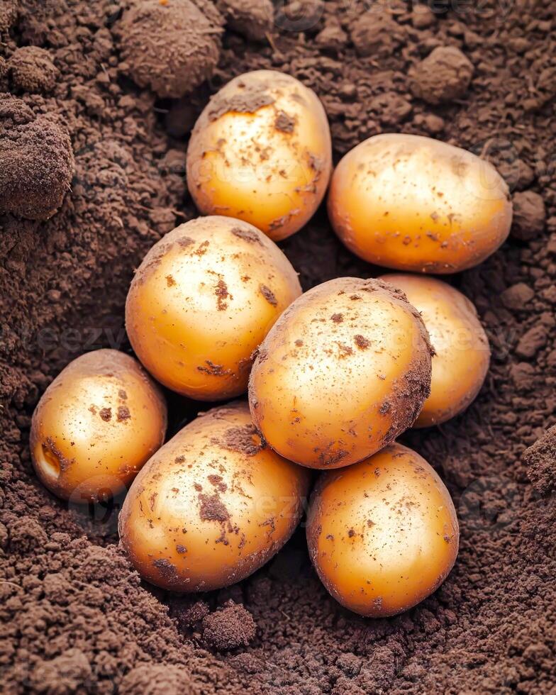 Freshly harvested potatoes lying on rich, dark soil with visible roots and natural textures photo