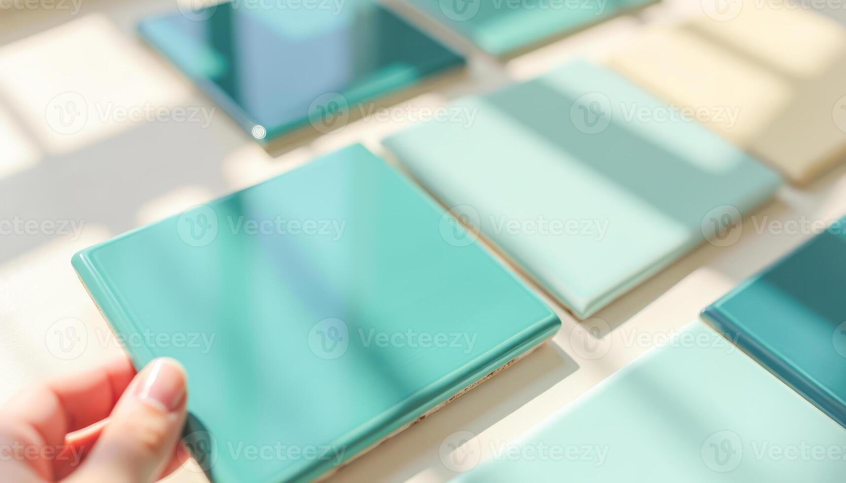 Glossy ceramic tiles in shades of teal, mint, and cream are displayed in sunlight photo