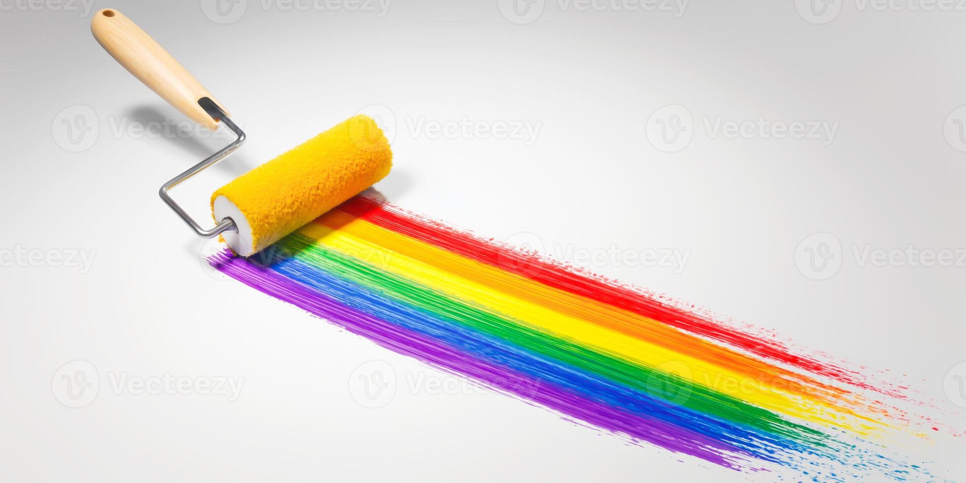 Paint roller creating vibrant rainbow streak on white surface photo