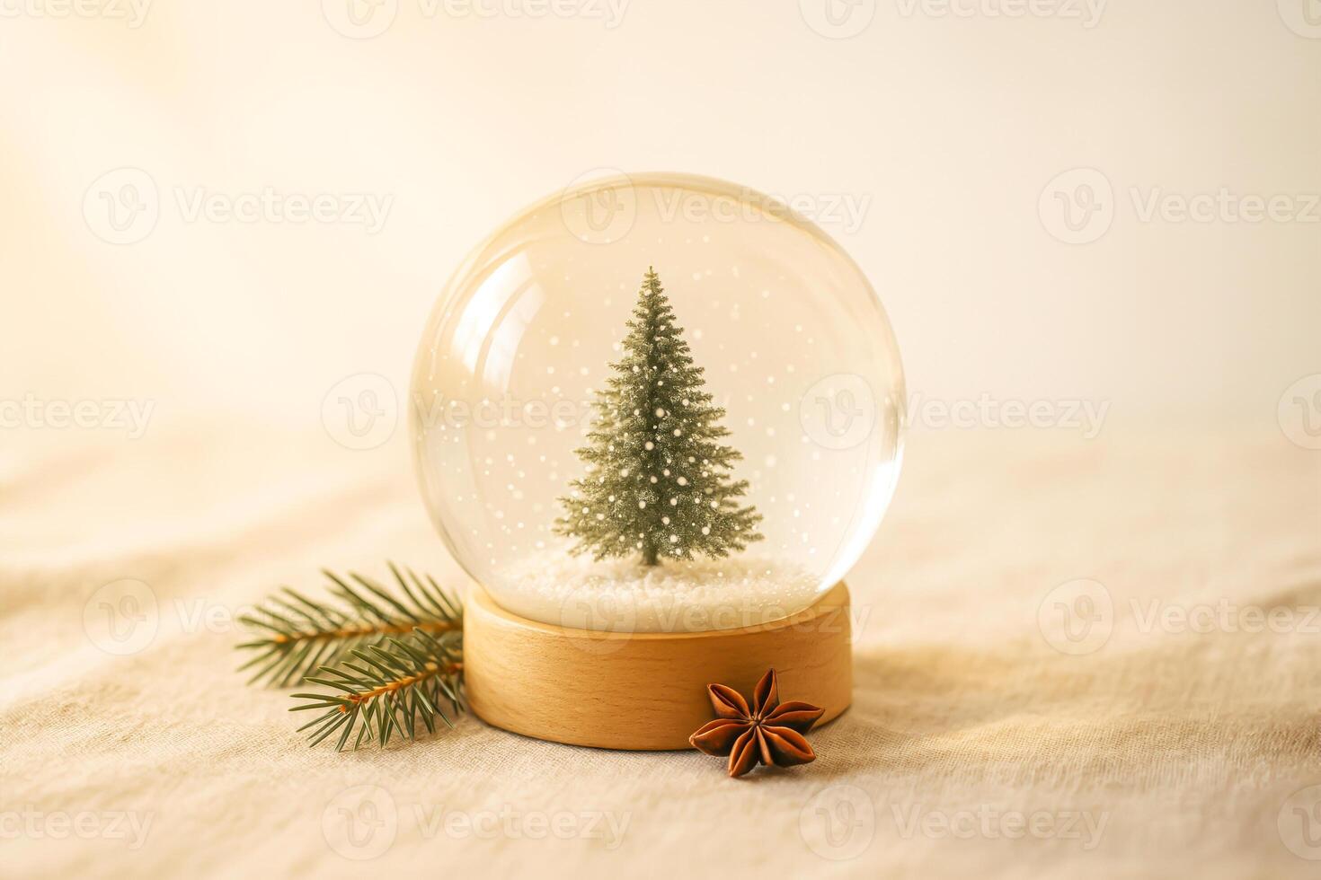 Sustainable Christmas Snow Globe Decor With Mini Tree On Linen Surface photo