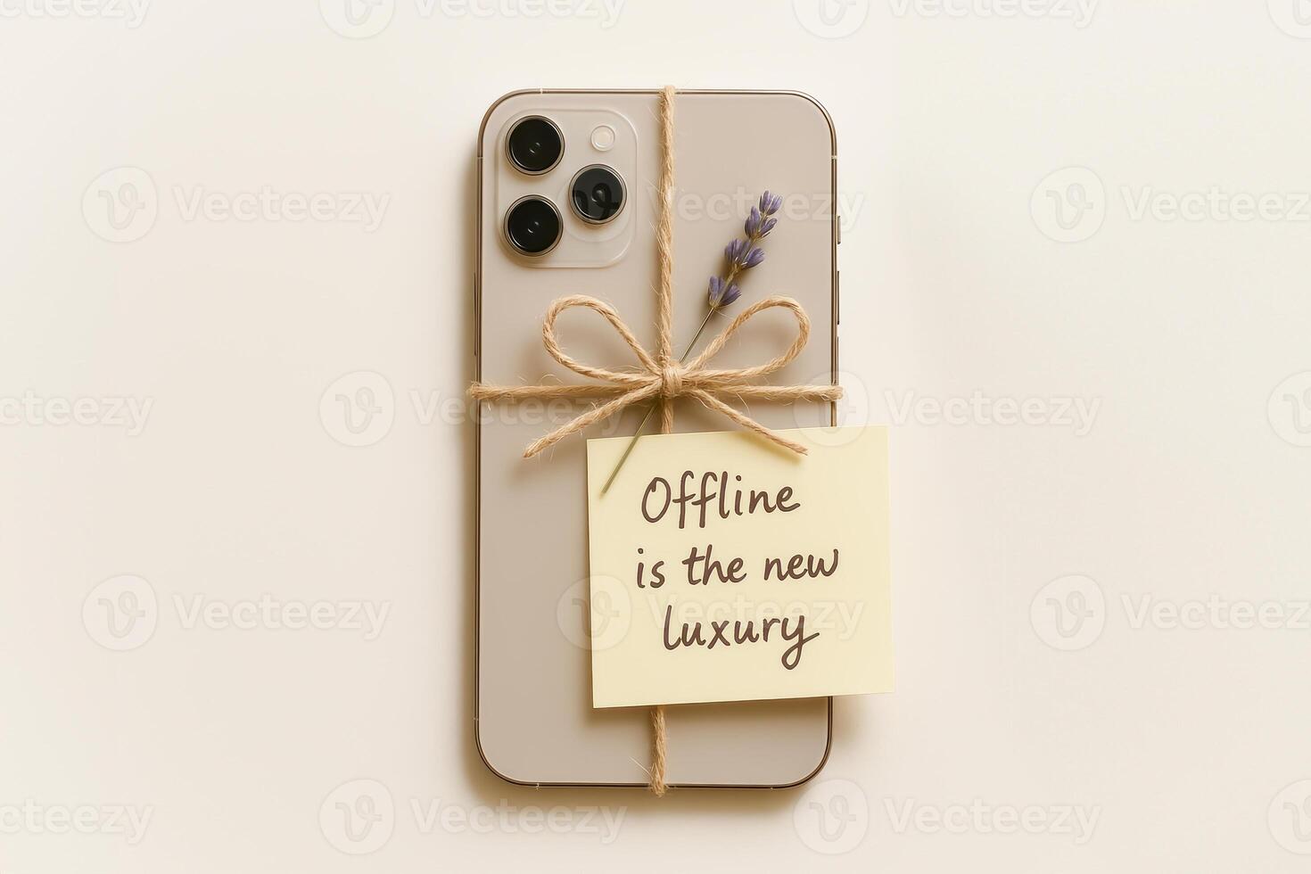 Smartphone Wrapped With Twine And Note Saying Offline Is The New Luxury photo