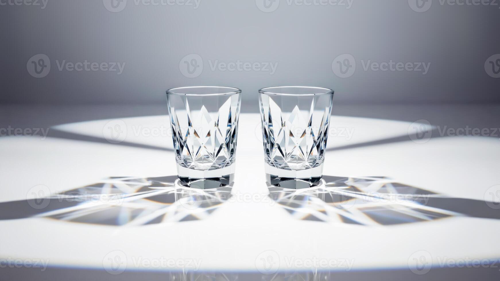 Two elegant crystal glasses with intricate facets with light reflections. Concept of luxury dining ware and modern aesthetics. Perfect for bar branding, fine dining and premium alcohol product visuals photo