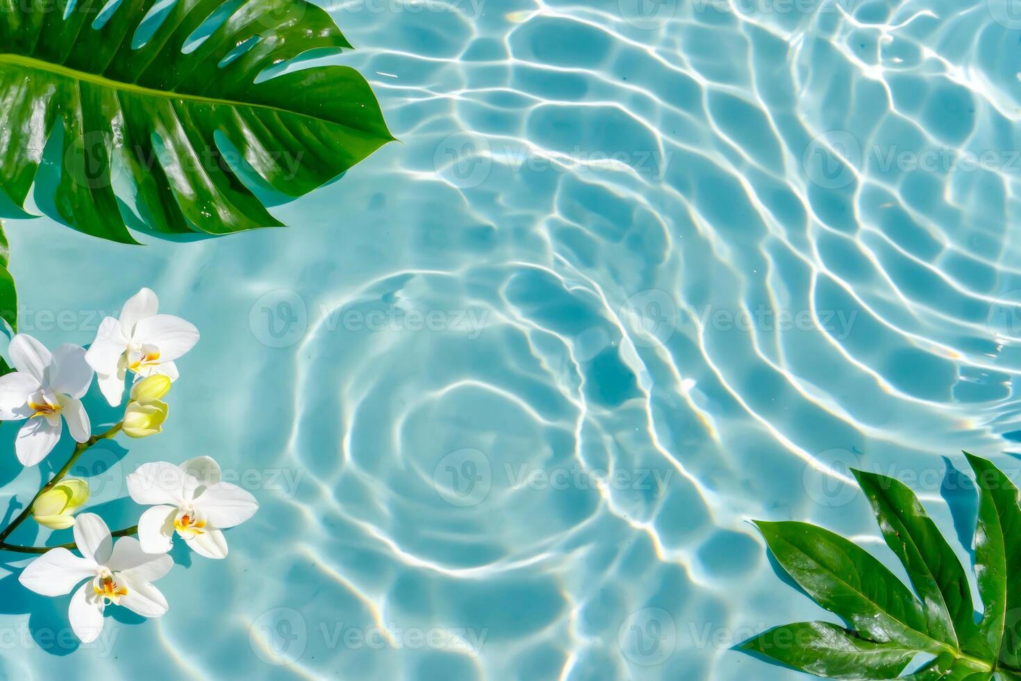 Clear turquoise water with light ripples, tropical leaves, and white orchids. Concept of tropical backgrounds, summer relaxation, spa aesthetics, and exotic nature visuals for wellness branding photo
