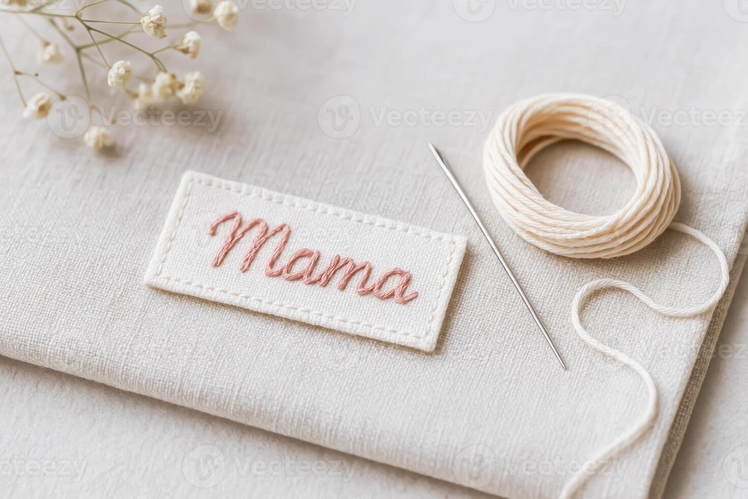 Embroidered Mama Patch With Needle And Thread On Linen Fabric photo