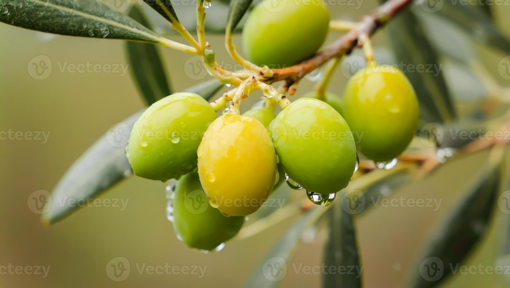Fresh green olives hanging from branch in natural light photo