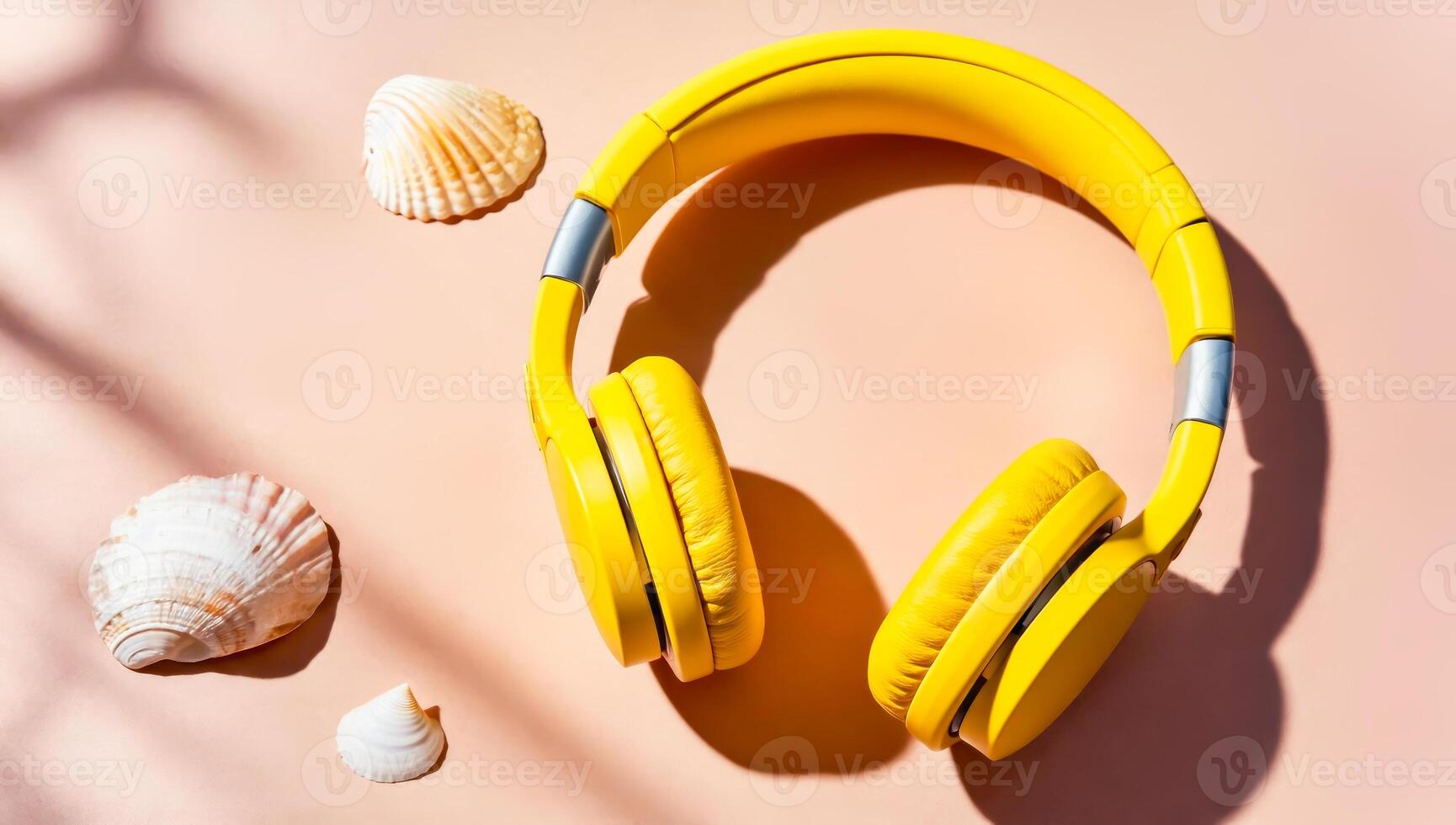 Bright yellow headphones on soft peach background with seashells photo