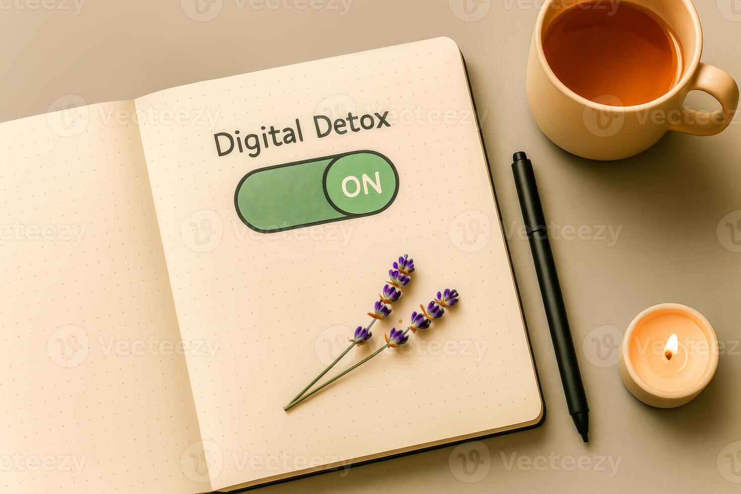 Notebook With Digital Detox ON Switch, Lavender, Tea, And Candle On Calm Desk photo