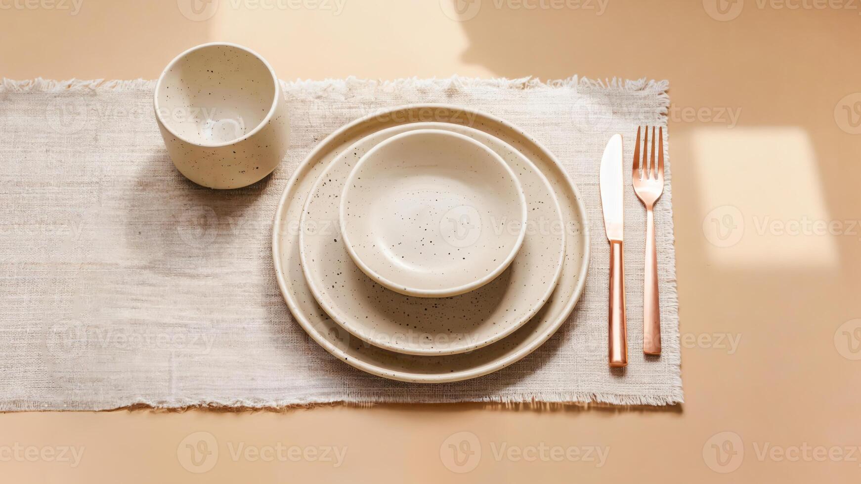 Minimalist table setting with neutral ceramic dinnerware, linen placemat. Concept of natural dining, sustainable kitchenware advertising, Scandinavian home aesthetics for eco-friendly interior design photo