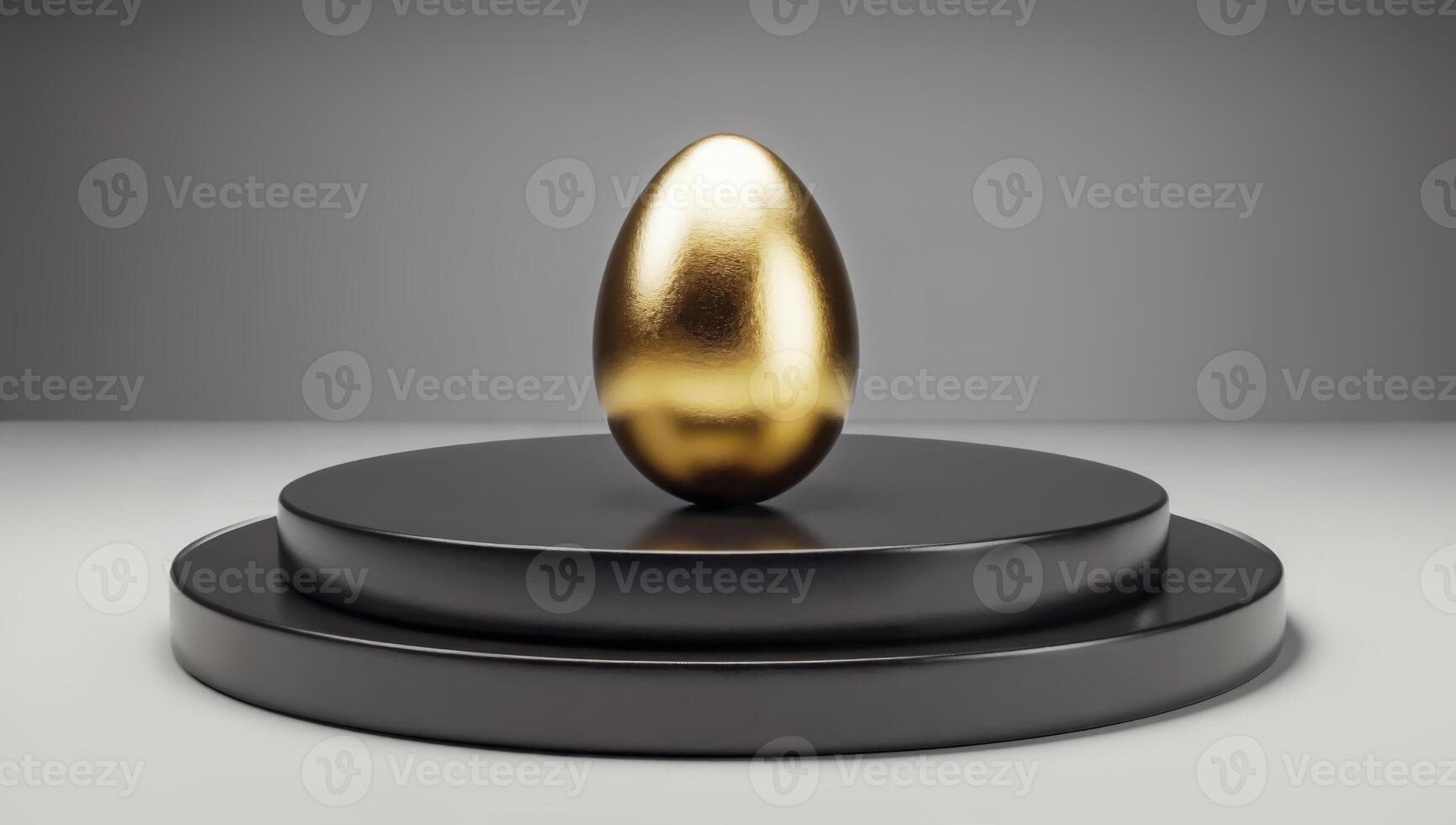 Modern Easter composition with Easter golden egg on black pedestal photo