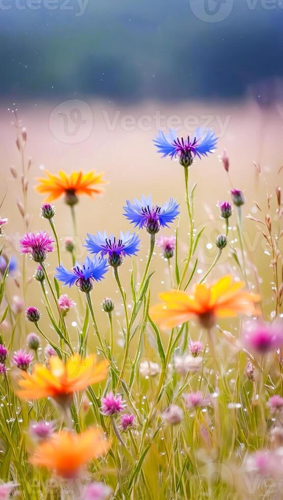 Wildflowers Blooming In Vibrant Meadow Under Soft Morning Light photo