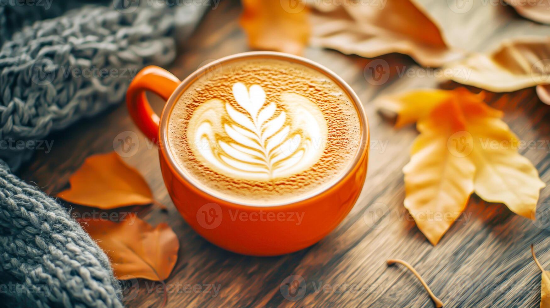 Pumpkin Spice Latte In Cozy Autumn Setup With Knitwear And Leaves photo