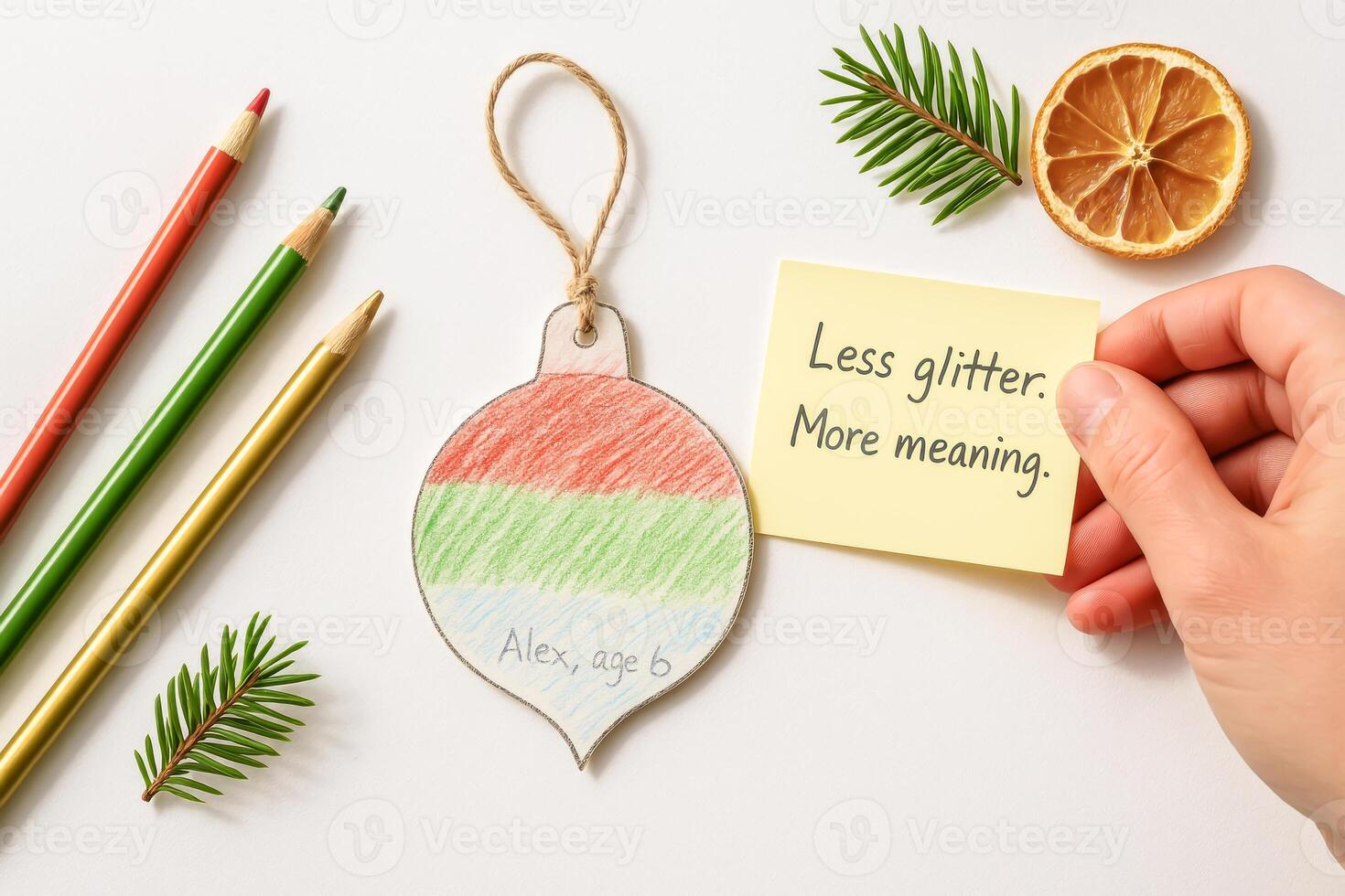 Handmade Holiday Ornament With Child's Drawing And Note Saying Less Glitter More Meaning photo