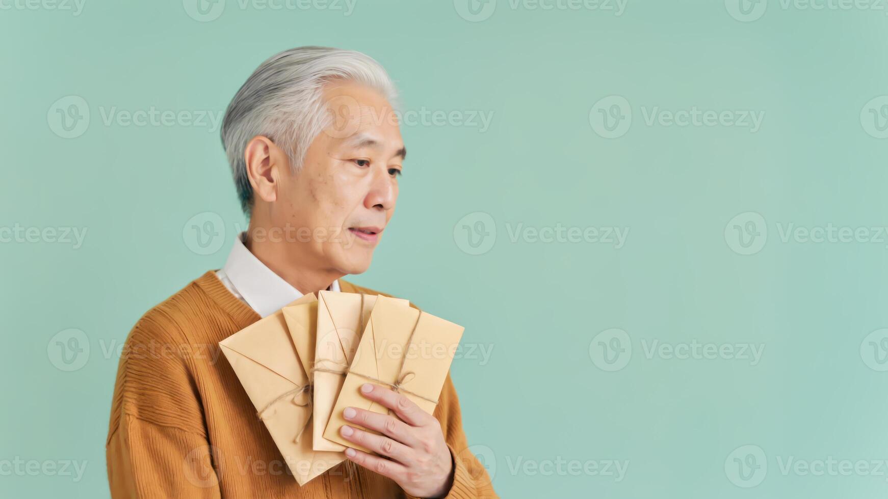 Asian elderly man holding traditional envelopes photo