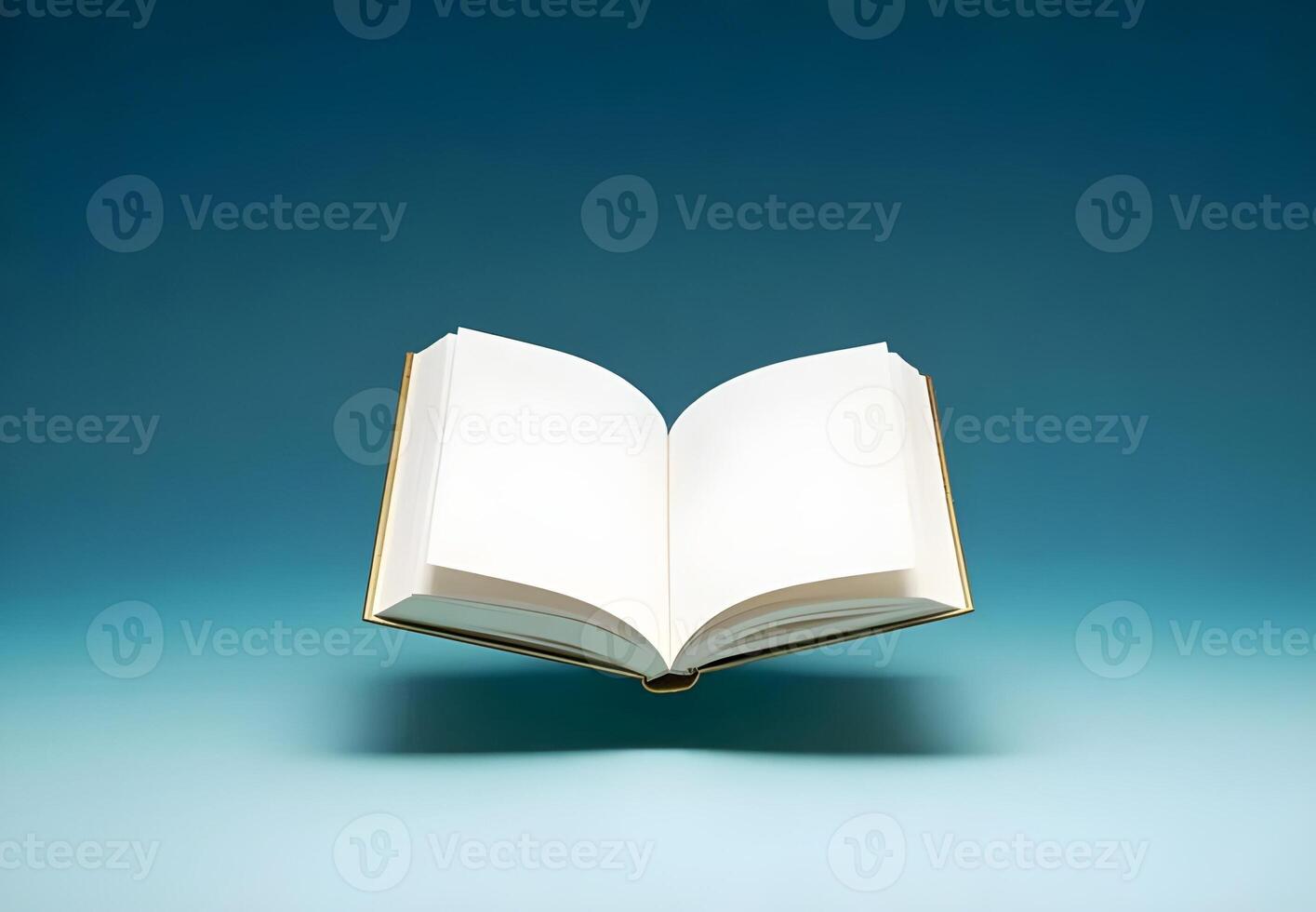 open book with crisp white blank pages in v-shape floating on soft gradient blue background with light tan cover photo