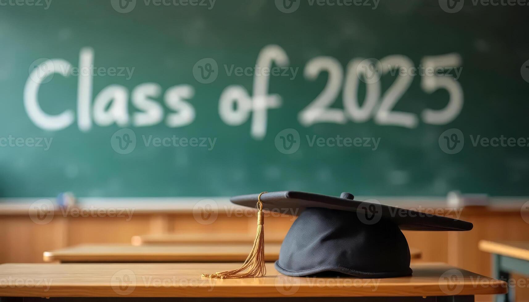 Graduation cap on a school desk with chalkboard in the background showing Class of 2025. photo