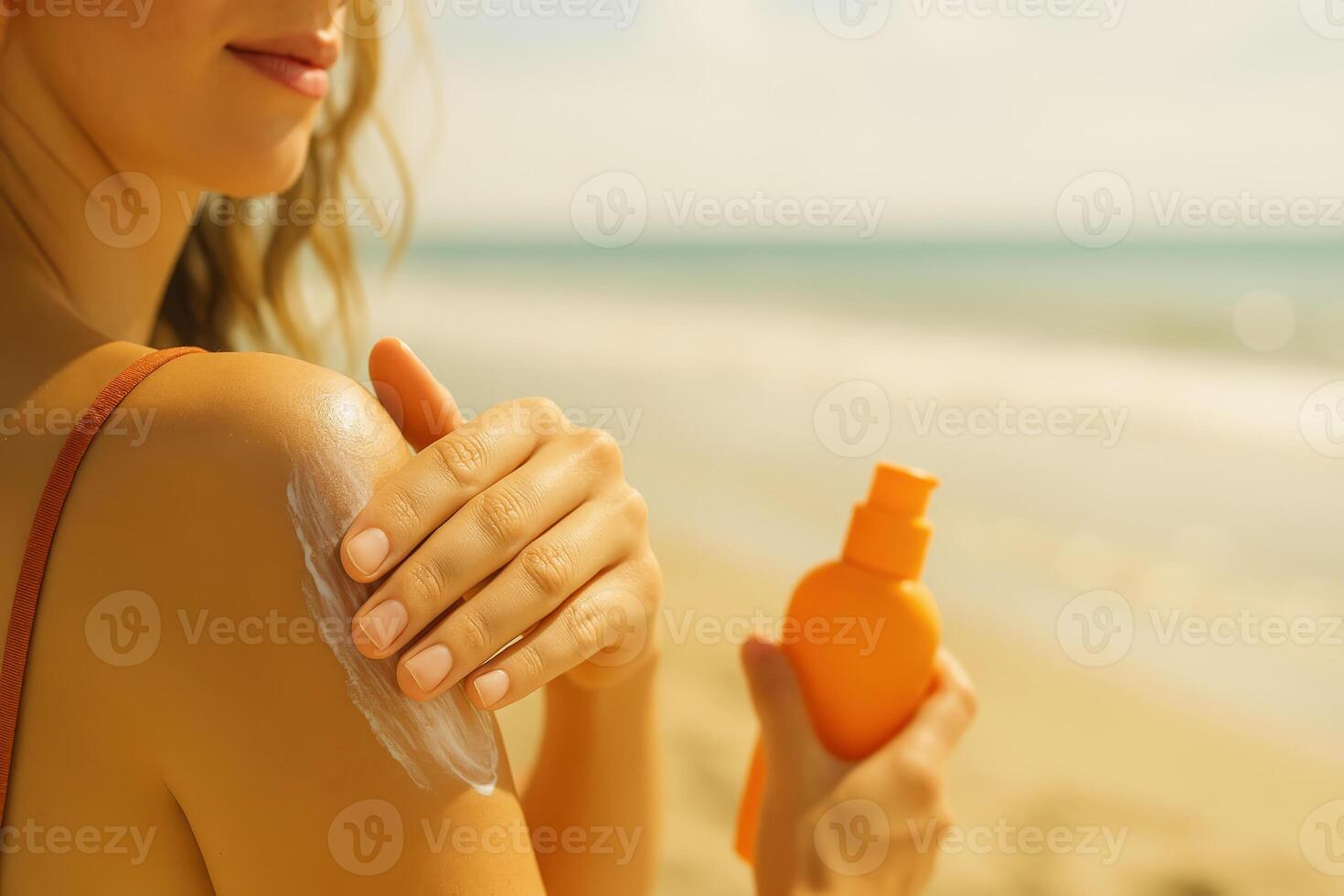 Woman applying sunscreen lotion to shoulder at the beach. Sun protection skincare during summer vacation. photo