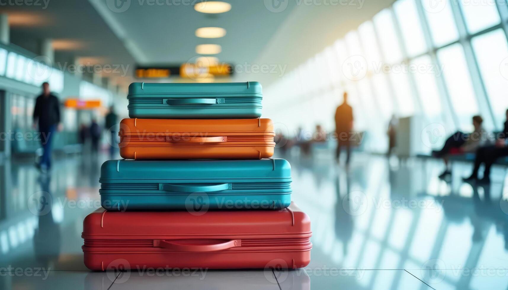 Colorful suitcases stacked together in a bright airport terminal. Travel and tourism. photo