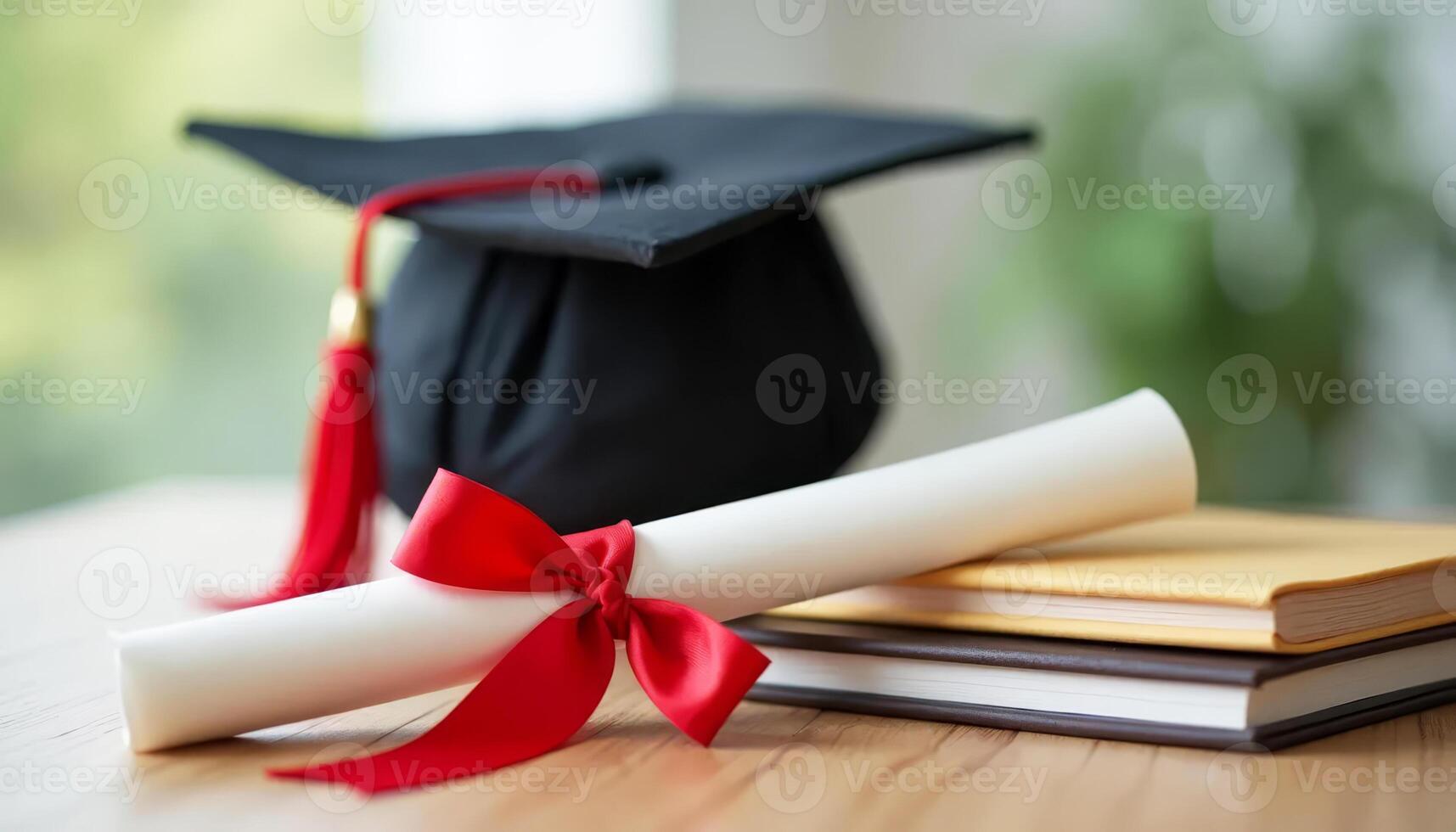 Graduation cap, diploma, and books arranged on a wooden table. photo