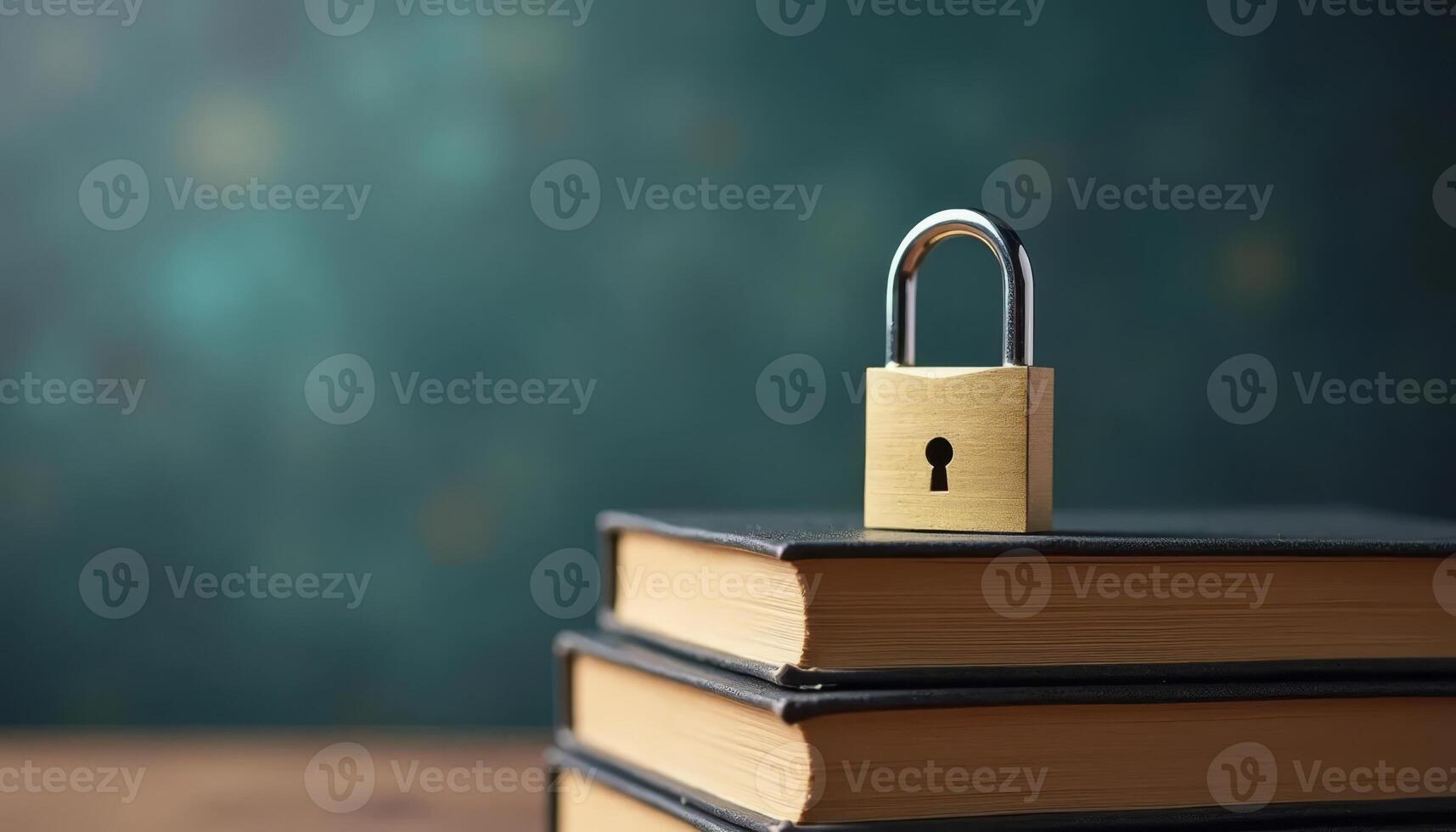 A stack of books secured with a metal padlock. photo